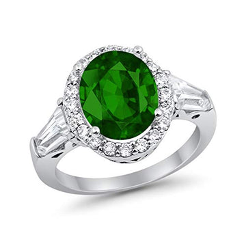 Halo Fashion Ring Baguette Simulated Green Emerald CZ 925 Sterling Silver
